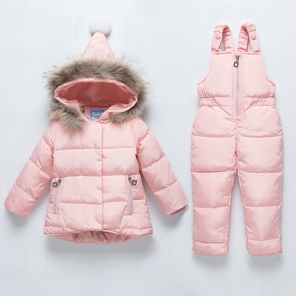 Children's Snow Hooded Down Feather Jacket And Overall Set