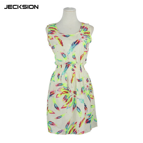 JECKSION 2016 Women O-Neck Sleeveless Feather Print Summer Dress 2016 Plus Size Lady Casual Beach Mini Dress Wholesale Shipping