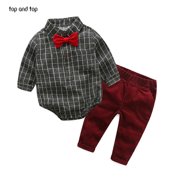 {TOP and TOP} Baby Boy Clothes Newborn Clothing Sets Broad Cloth Baby Brand Gentleman Fashion Plaid T-shirt + Jeans 2Pcs/set