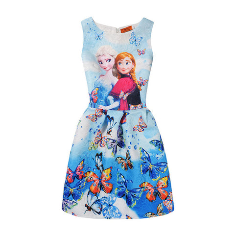 Summer Girls Dress Anna Elsa Dress Party Vestidos Teenagers Butterfly Print Princess Dress for Girls Elza Baby Girl Clothes