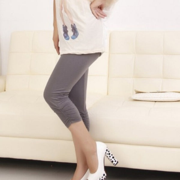 Hot Pregnant Women Elastic Capris Pant Solid Pleated Cotton Maternity Leggings S01